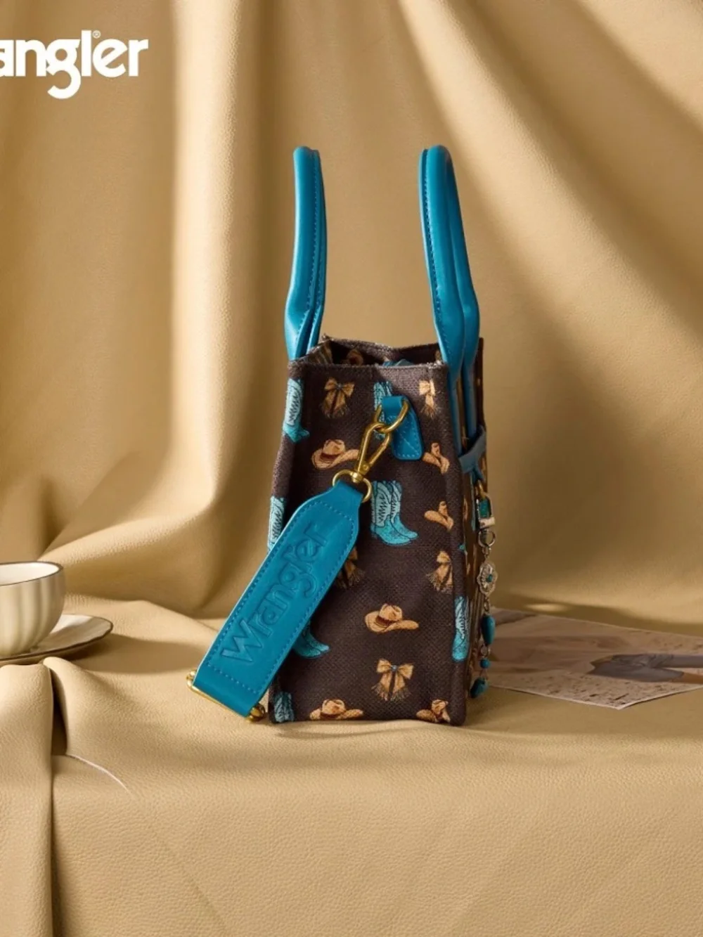 Wrangler Western Cowboy Print Tote Bag Coffee - Picture 4 of 8